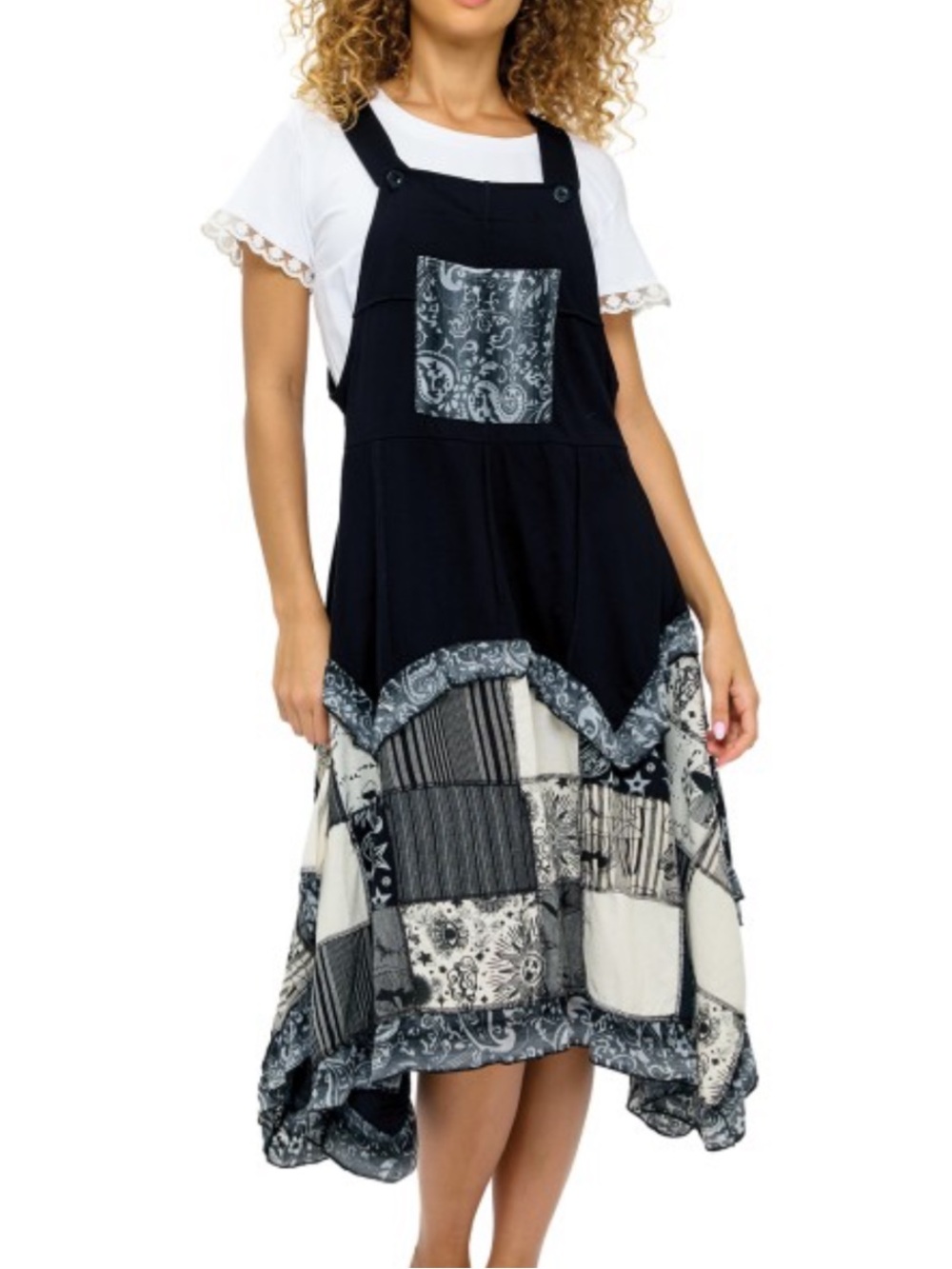 D148 Yak n Yeti Cotton Overall Patchwork Ruffle Pinafore Mushroom Midi Dress
